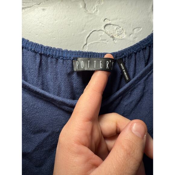 Potters Pot blue linen button peasant top womens small coquette milkmaid prairie - Picture 2 of 8